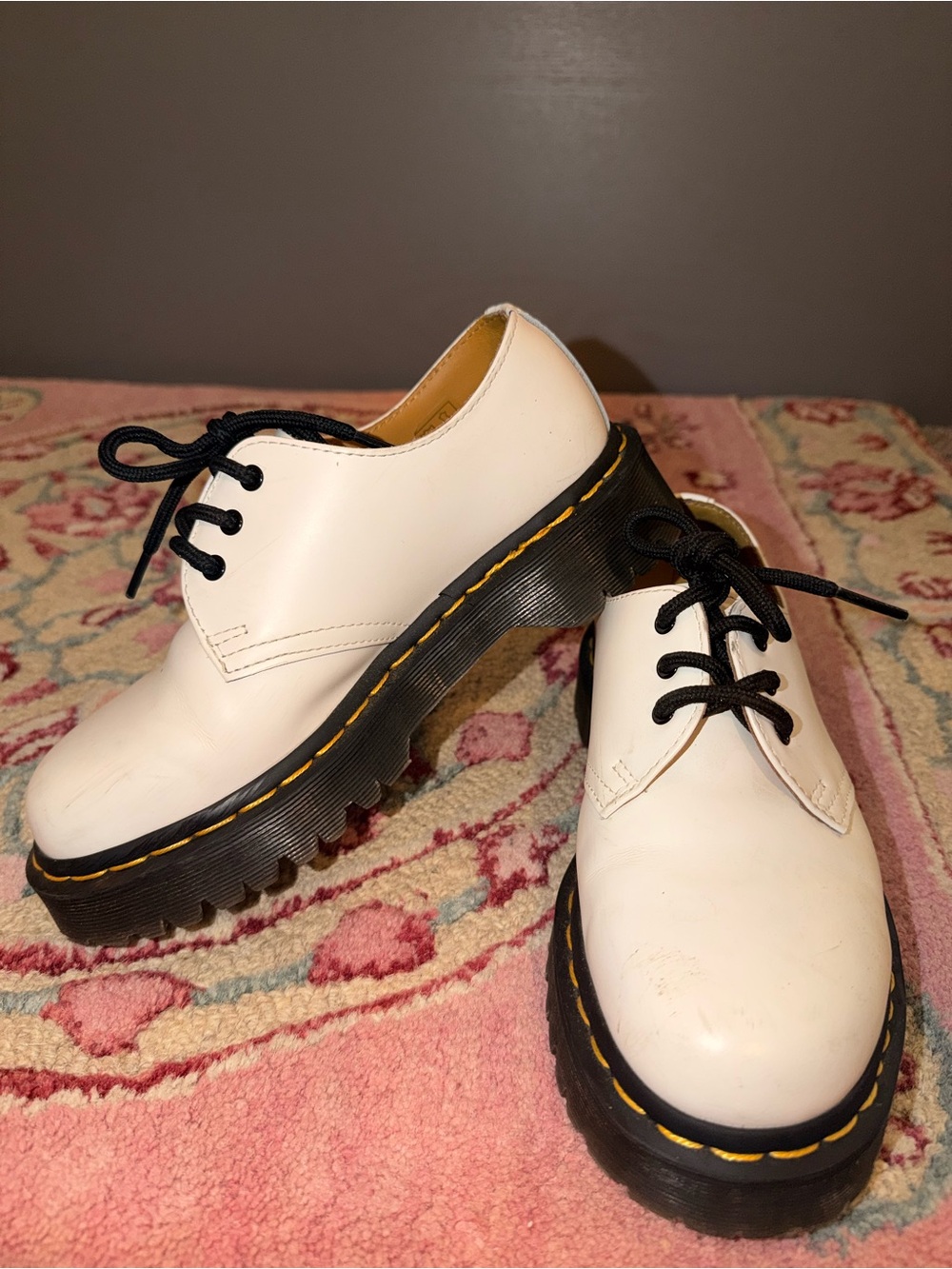 Dr Martens: White Platform Lace-Up Oxfords with Yellow Stitching
